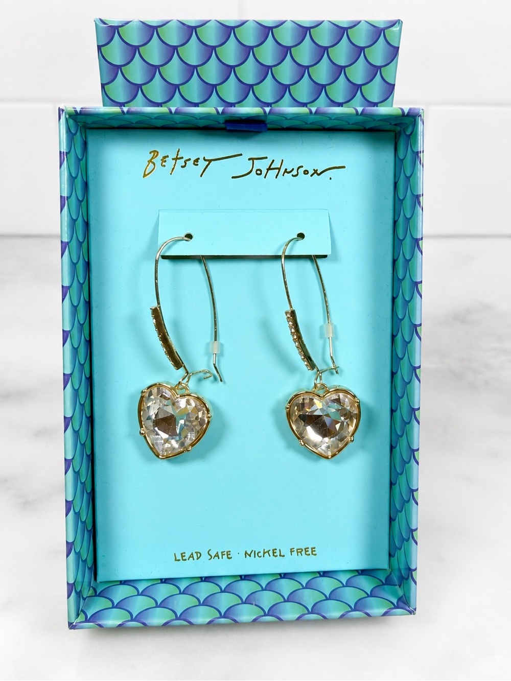 Betsey Johnson Gold Tone & Clear Crystal Heart Drop Earrings NWT & Box